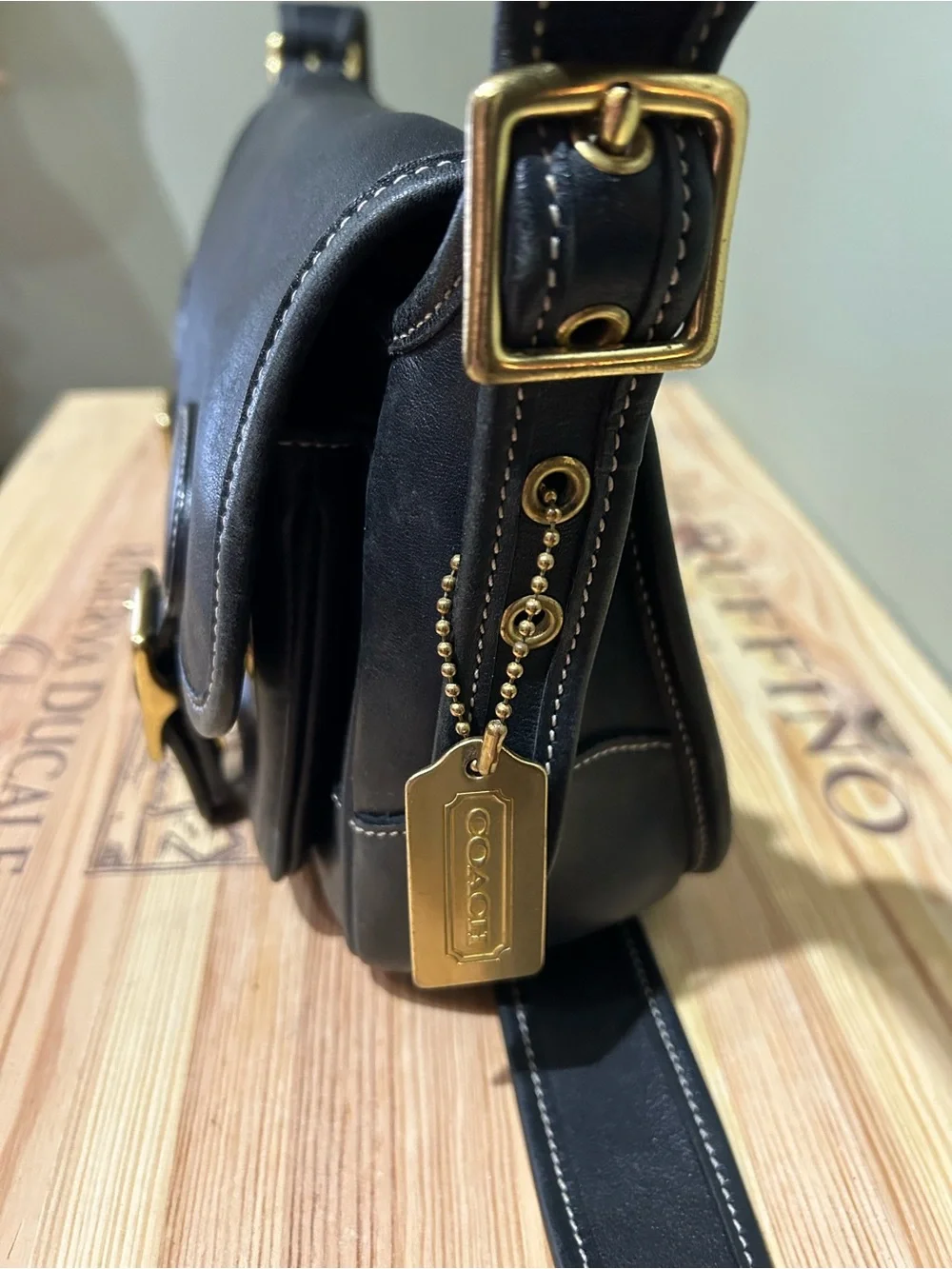 Authentic Coach Black Leather Shoulder Bag with Gold Buckles